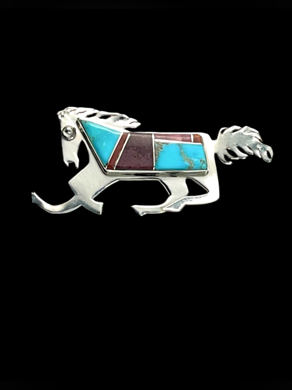 Native American Ted Etsitty sterling multi stone horse brooch pin Signed
